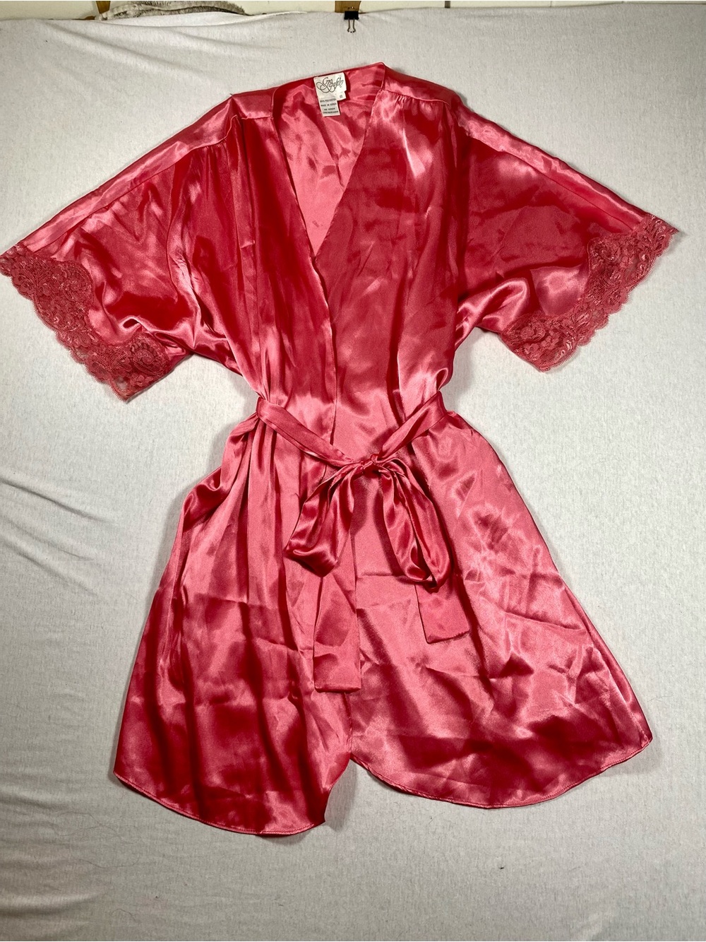 Vintage Go Softly Pink Satin Robe S Lace Cuffs Peignoir 80s